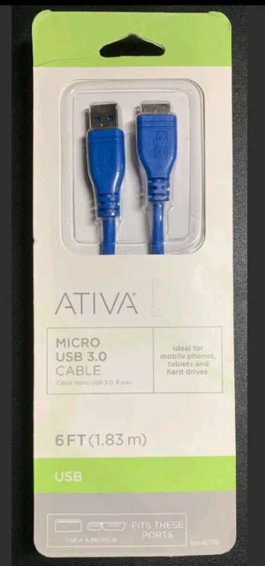 ATIVA Micro USB-A 3.0 TO MICRO-B CABLE 6FT BLUE **BRAND NEW SEALED**