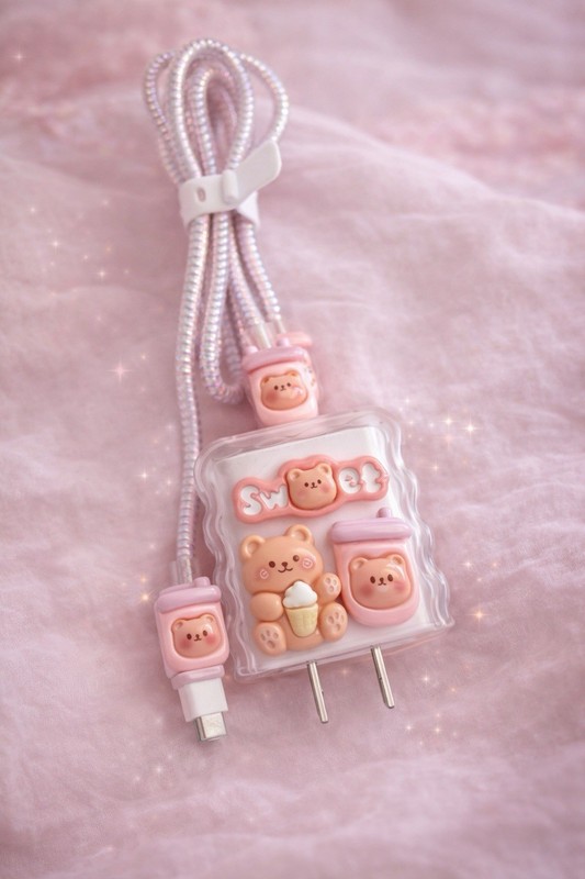 Cartoon Bear USB-C Charging Cable Wrap and Wall Charger Cover Set Pink White gallery