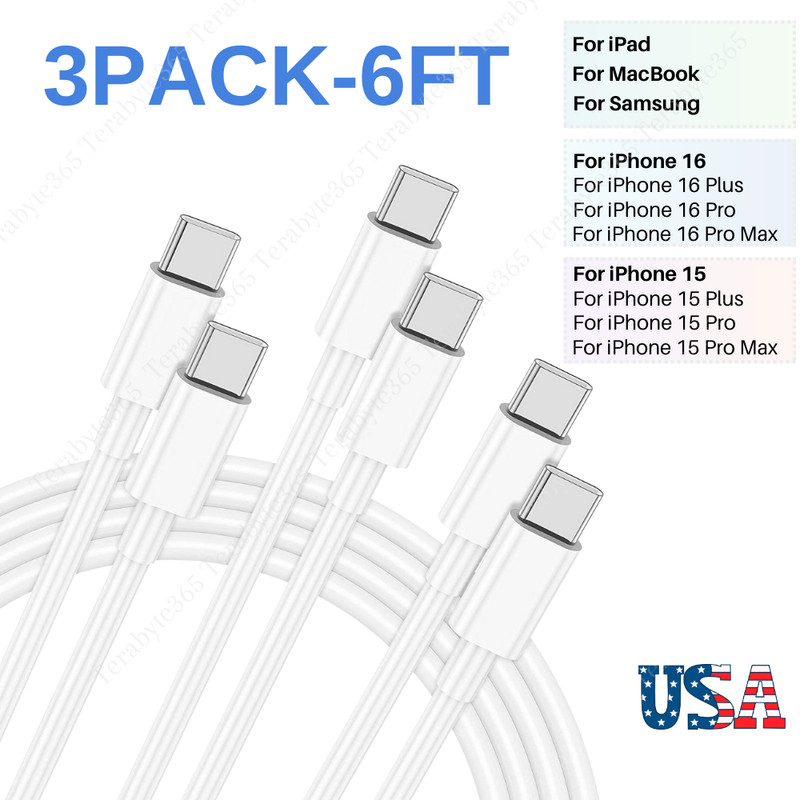 3x 6Ft 60W PD Type C Fast Charger USB-C to USB-C Cable Data Quick Charging Cord
