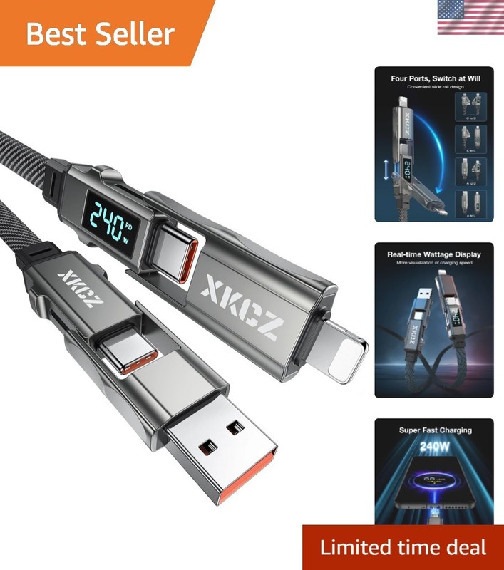 Smart 240W USB C Cable with Wattage Display – Flat Braided Multi Charger 5FT