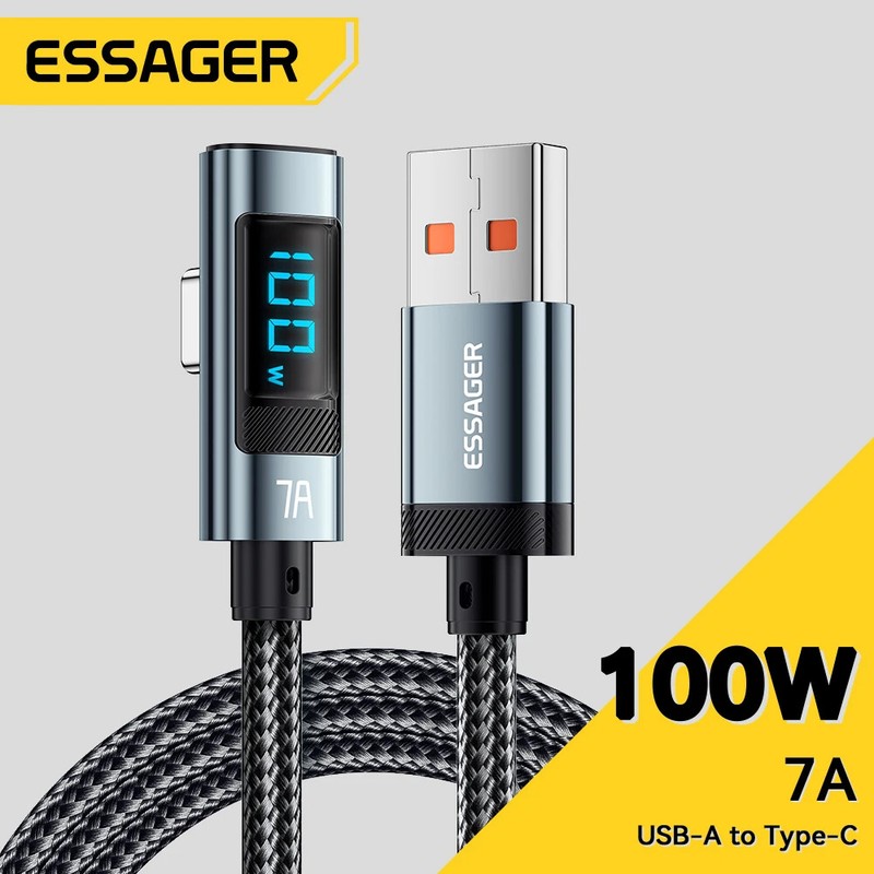 Essager 7A 100W USB C Cable Fast Charge Cord Digital Display Elbow Type C Cable