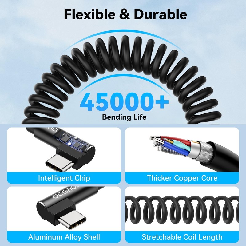 2 Pack Coiled USB C Cable, 90 Degree USB A to USB C Cable 60W USB Type C Char... gallery