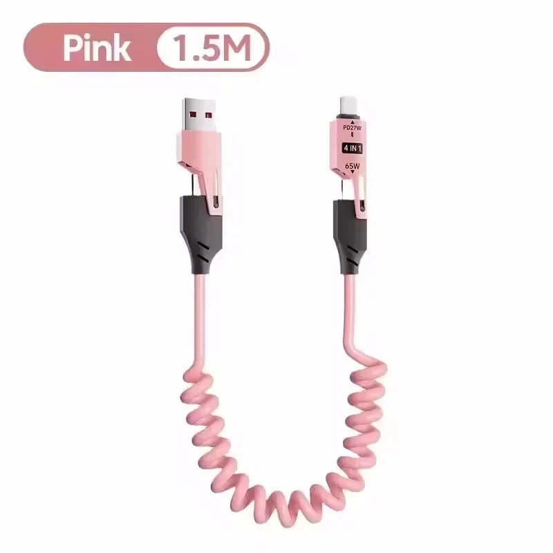 4 in 1 Multi USB Charging Cable Fast 65W Charging Coiled USB C Charger Cord