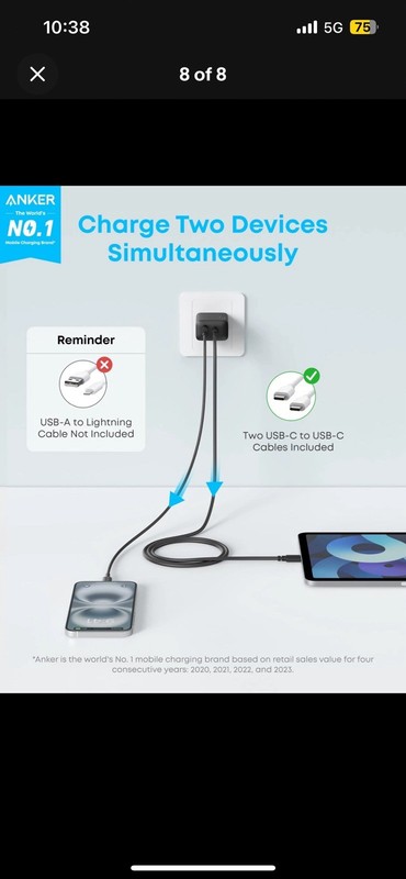 Anker iPhone 16 Charger 20W USB-C Fast Charging Block 2-Pack + 2 Cables gallery