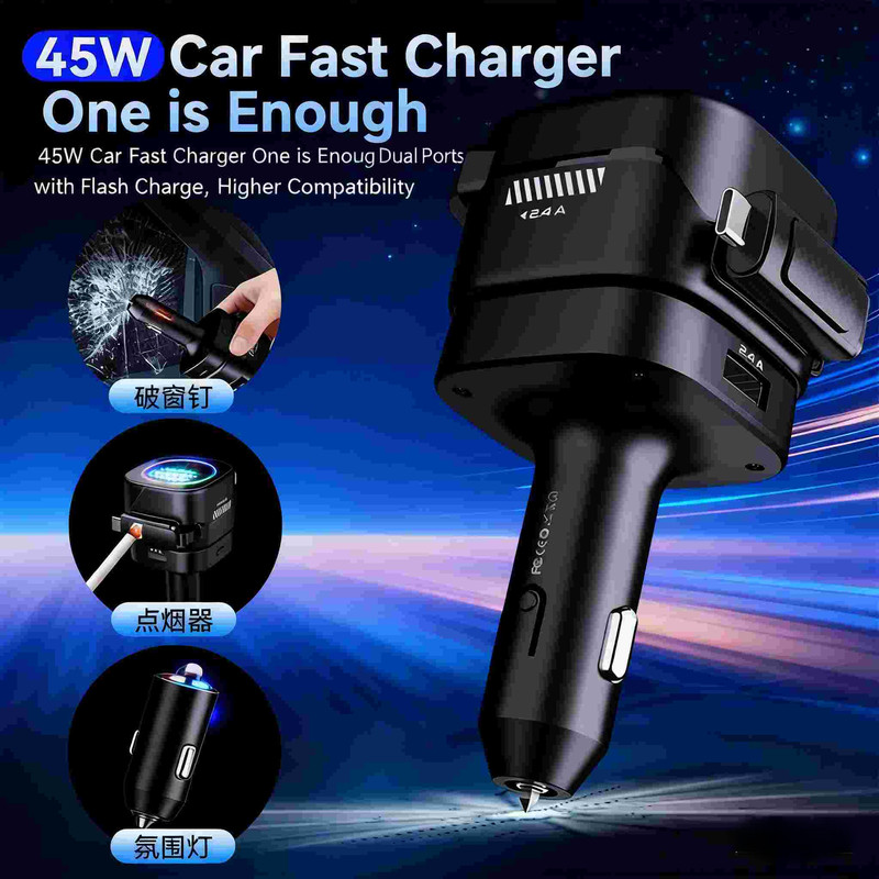 Emergency Car Charger 45W with Window Breaker, PD Fast Charge & Mood Light gallery