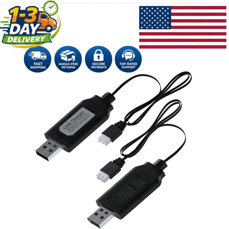 2-Pack USB Charger Cable for 7.4V LiPo & Li-ion – XH-3P Connector, Safe Charging