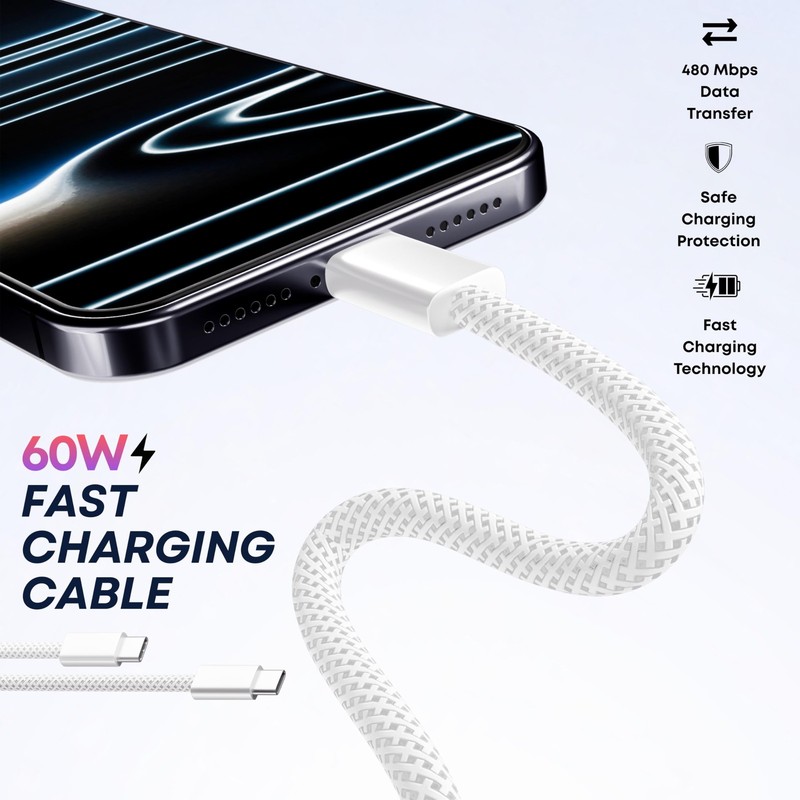 CCLINE USB-C to Cable 2-Pack, 60W Fast Charging, 2pack-3ft, White gallery
