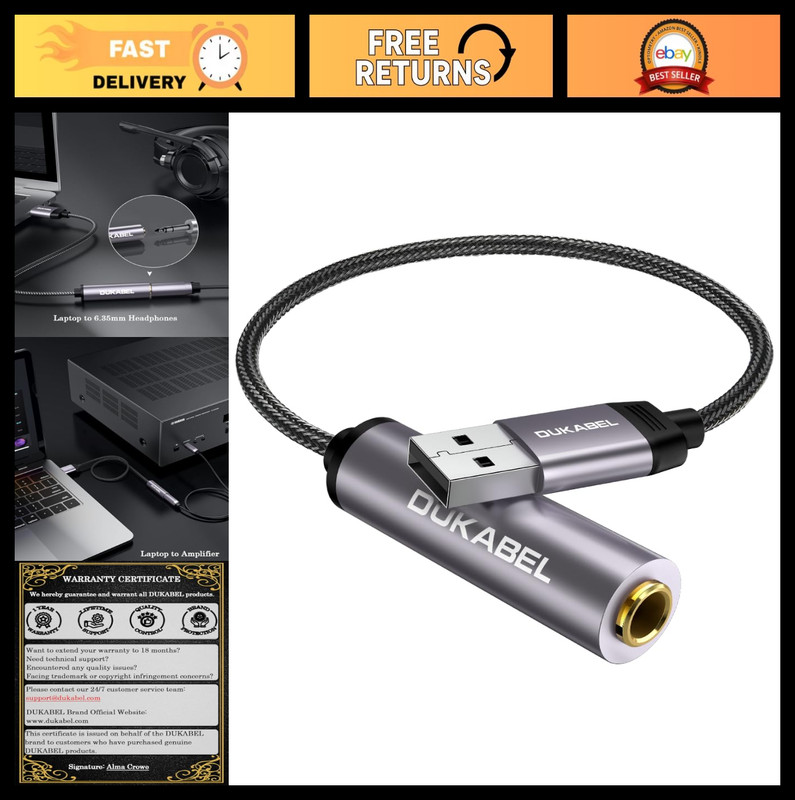 USB to 1/4″ Headphone Adapter, 6.35mm Stereo Jack for Laptop, PC, Amplifiers