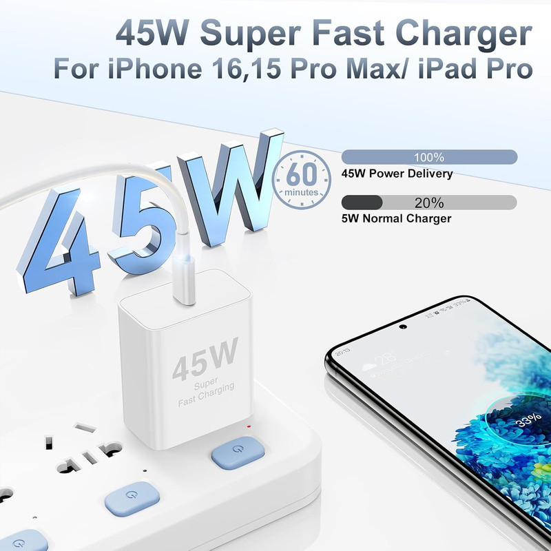 𝟐𝐏𝐚𝐜𝐤 𝟰𝟱𝗪 Iphone 17 16 15 Fast Charger,Usb C Charging Block and 10Ft gallery