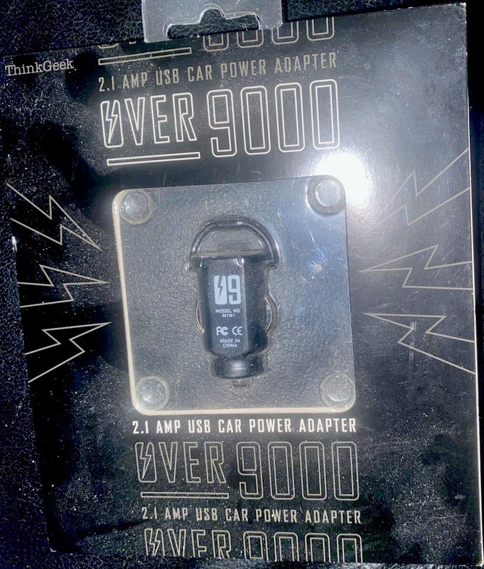Over 9000branded 2.1 Amp USB car power adapter, referencing a popular anime meme