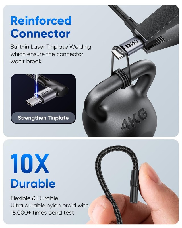 Right Angle USB C Cable 10FT 60W Fast Charging - Perfect for Thick Cases gallery
