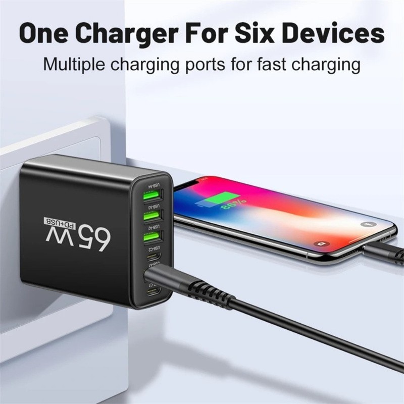 3 USB + 3 Type-C Fast Wall Charger 65W GaN 6 Plug For Samsung Galaxy S22 S21 S23 gallery