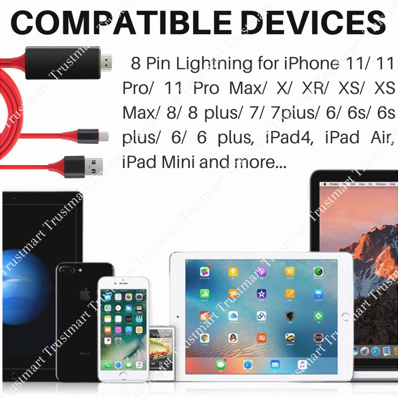 For iPhone 12 11 X 8 iPad 1080P HDMI Mirroring Cable Phone To TV HDTV AV Adapter gallery