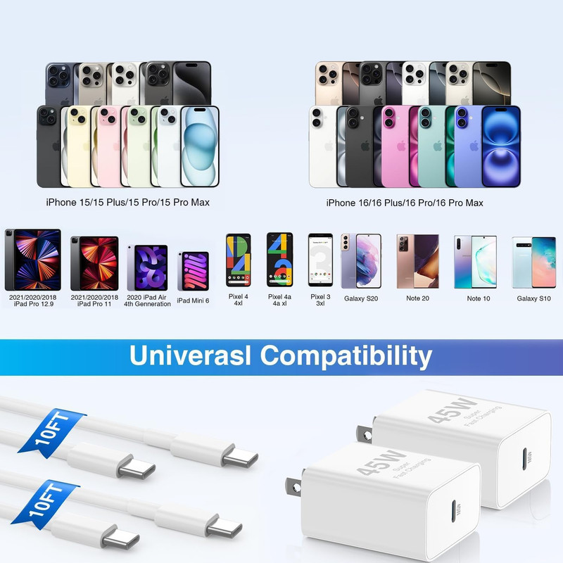𝟐𝐏𝐚𝐜𝐤 𝟰𝟱𝗪 Iphone 17 16 15 Fast Charger,Usb C Charging Block and 10Ft gallery