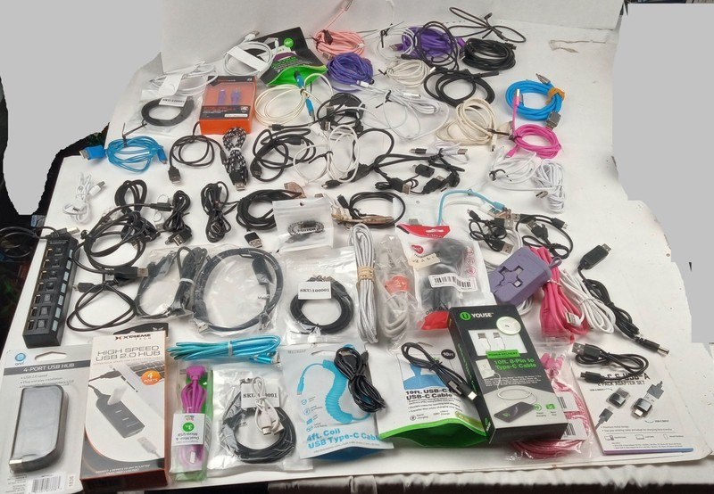 Huge Electronic Cable & Accessory Lot of 60 – USB-C, 8-pin, Micro USB, Hubs
