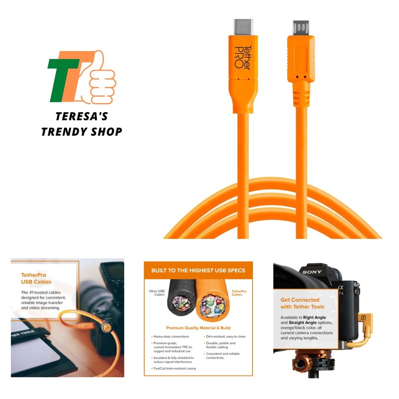 TetherPro USB-C to Micro-B Cable 15', High-Visibility Orange for Photographers
