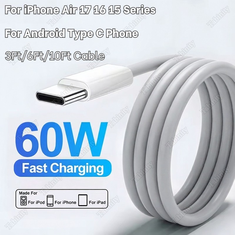 60W Fast Charger Cable Type C Cord Lot For iPhone Air 15 16 17 iPad Pro Android