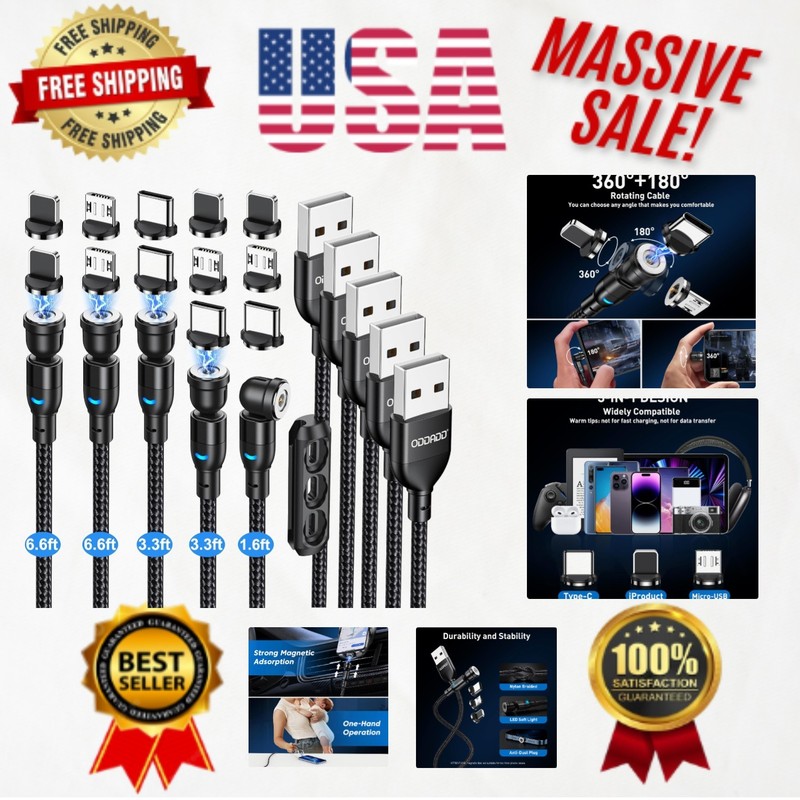 Convenient Magnetic Phone Charger Cable 5-Pack – 540° Rotation & LED Indicators