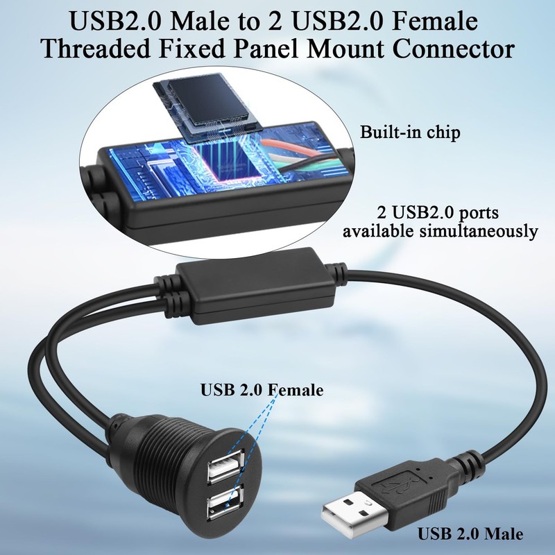 USB 1 to 2 Flush Mount Adapter Short Cable USB2.0 Male to 2 USB2.0 Female Thr... gallery