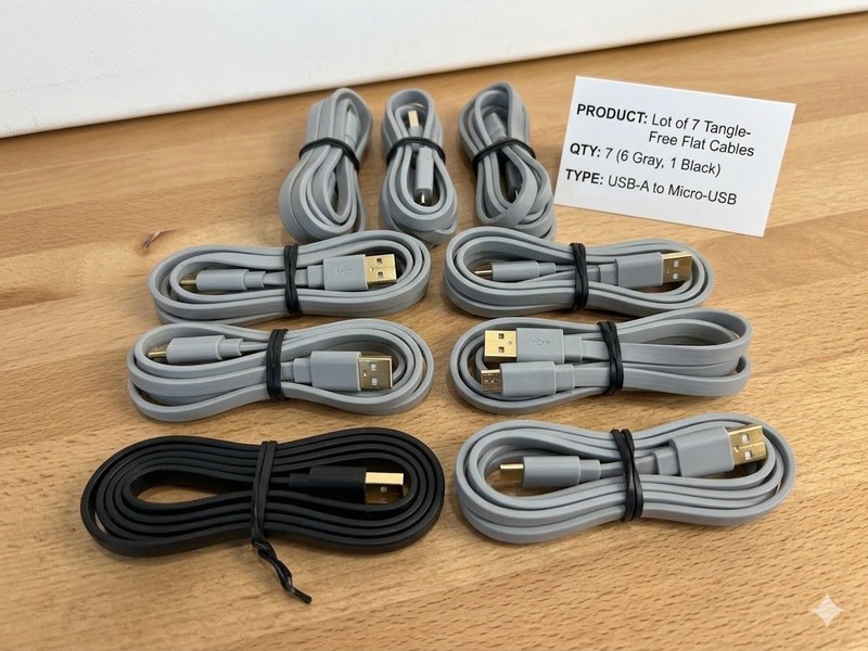 Lot of 7 Flat Micro USB Cables- 3ft Sync & Charge Cord Android/Kindle Gray Black