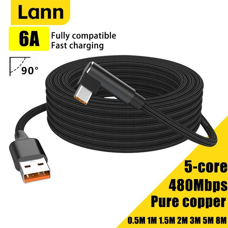 USB C Fast Charging Cable 6A 90° Elbow Braided for Samsung Xiaomi Huawei iPad