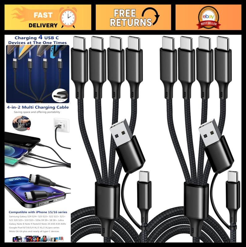 4-in-2 USB C Splitter Multi Charging Cable, Fast Charge 4FT Cord for iPhone 16/1