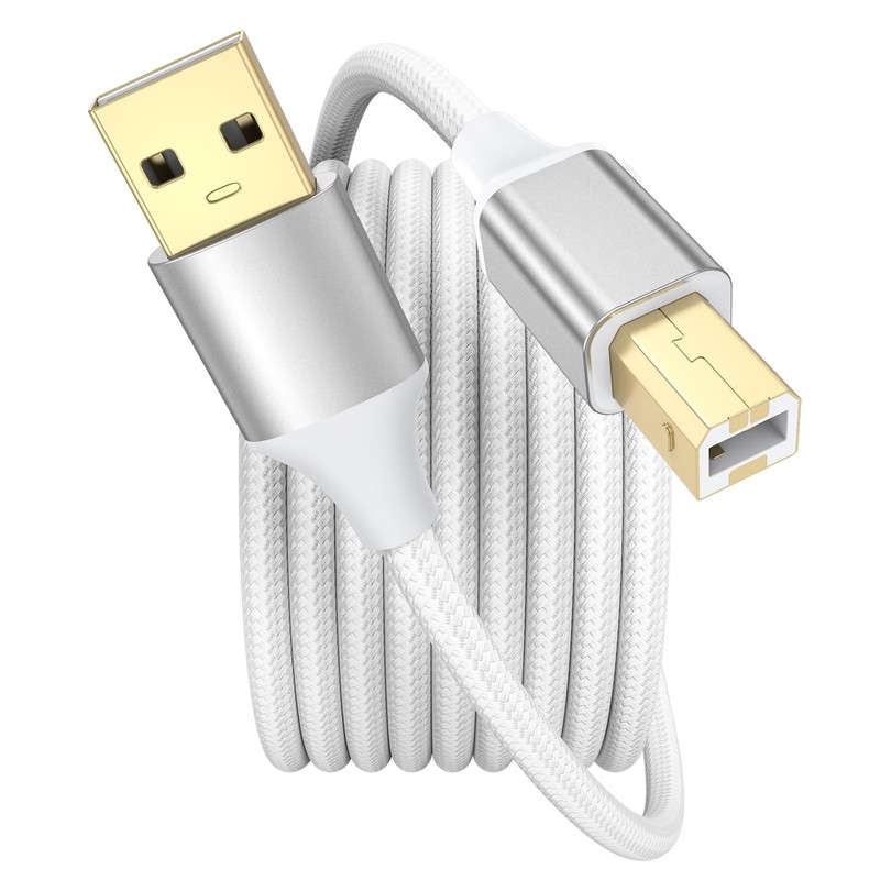 White Printer Cable, USB Printer Cable 10 Feet, Nylon Braided USB A to B Prin…