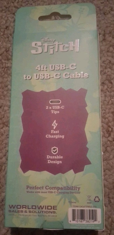 NEW Disney STITCH USB-C to USB-C 4ft Blue Charging Cable gallery