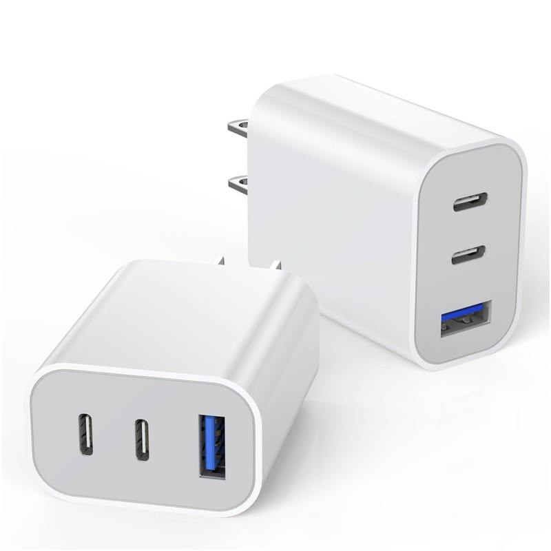 2 Pack 35W PD Fast Charger 3 Port USB C Adapter for iPhone 15 14 13 12 11 Tab…