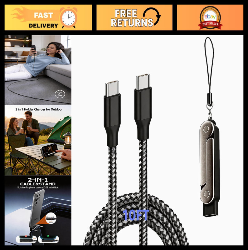 10FT 2-in-1 USB C to USB C Cable, 240W Fast Charging & Data Transfer, Foldable S