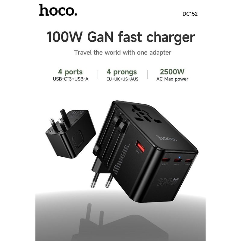 Hoco Travel Adapter 100W GaN with Fast Charging 4 Port Type-C and USB-A – Black