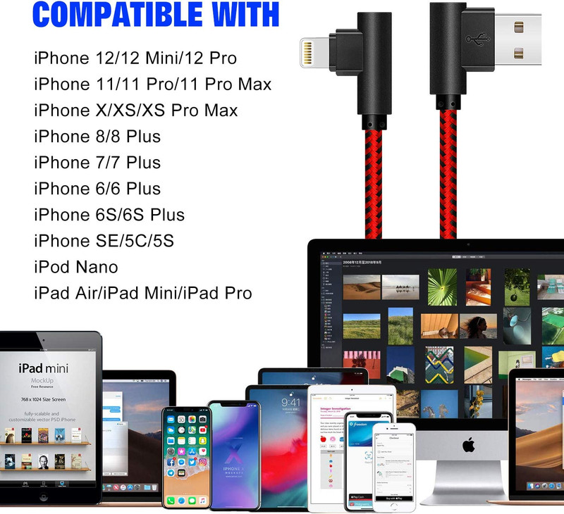 3-Pack 10FT 90 Degree Iphone Cable Fast Charger Cord Right Angle Nylon Braided gallery