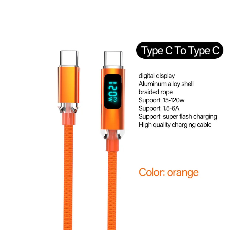 USB C to USB C Cable 120W 6A Fast Charging Digital Display Braided Black gallery