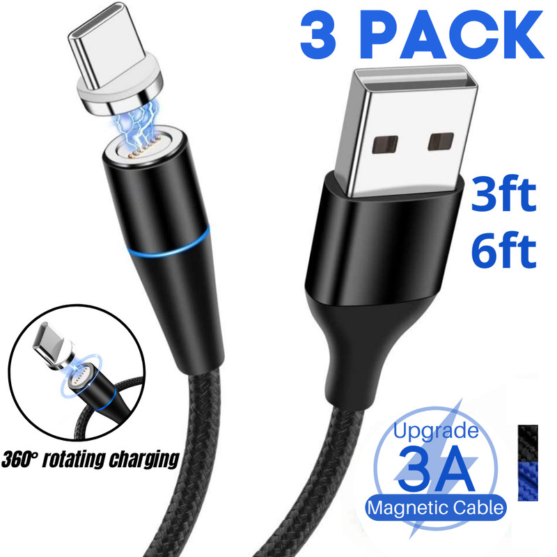 3Pack Magnetic Type C Cable 3/6Ft USB C Phone Charger Fast Charge Data Sync Cord