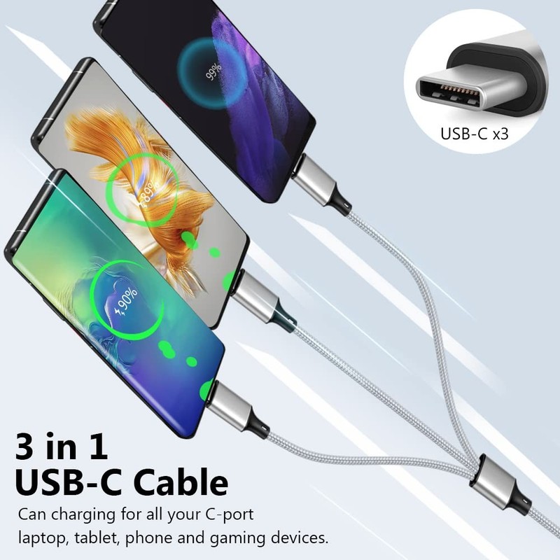 2 PCS 4FT 3 In 1 Multi Fast Charging Cable USBC Splitter 3 TypeC Port Silver gallery