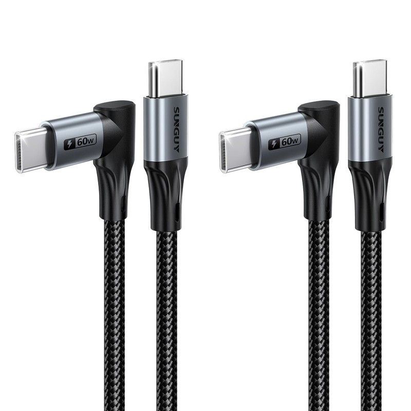 SUNGUY Longer Right Angle USB C Cable for Thick Cases 1FT 2Pack, 60W 90 Degre...