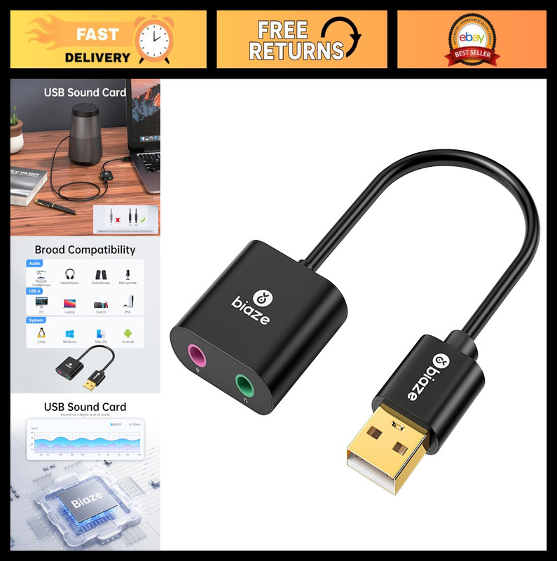 USB to 3.5mm Audio Adapter External Sound Card for PC, Laptop, Mac, PS4, PS5