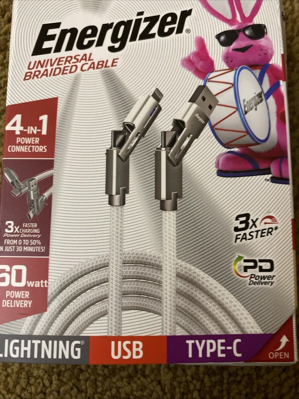 Energizer Universal 6ft Braided Cable 4-in-1 Power Connector 60 Watt PD FreeShip gallery