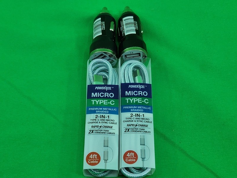 Lot of 2 PowerXcel Type C & Micro 2 in 1 4FT Cable Charge & Sync & Car Charger