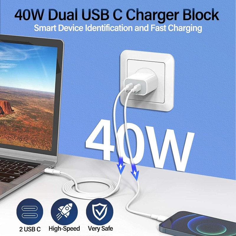 PD 40W Dual USB C Wall Charger Block Type C Fast Charging Cube Brick Box Lot gallery