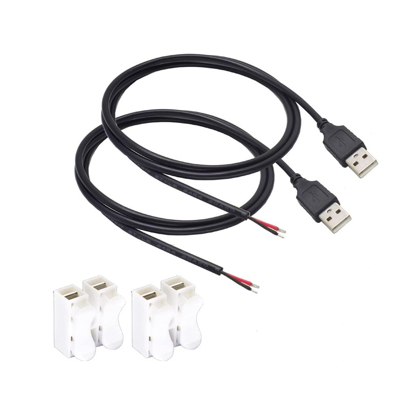 2 PCS 1m 3.3Ft 20AWG USB 2.0 Male Plug 2Pin Wire Pigtail Cable 5V 5A Black