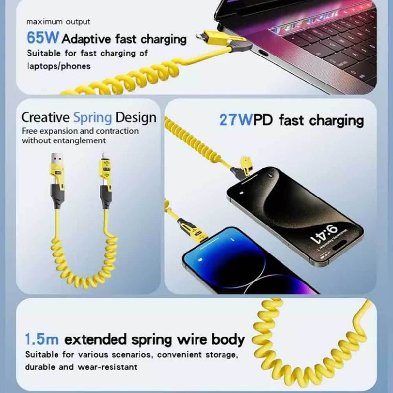 4-in-1 Portable Spring Fast Charging Cable 65W USB-C 5A Multi Fast Charger Cord gallery