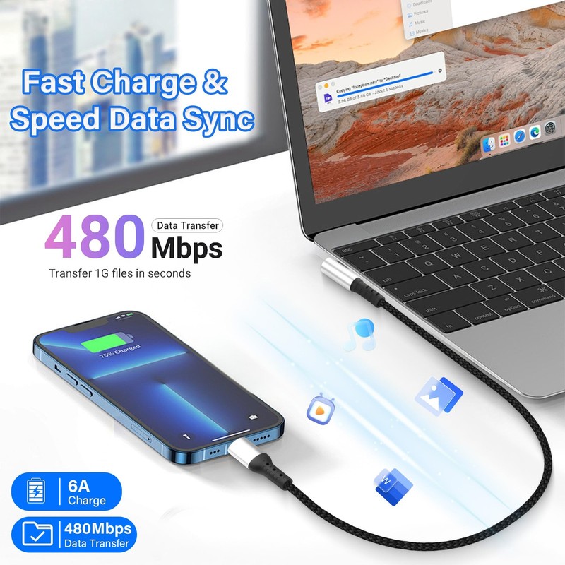 Short USB A To USB C Cable 9.8 In 6A Fast Charge 90 Degree Right Angle gallery