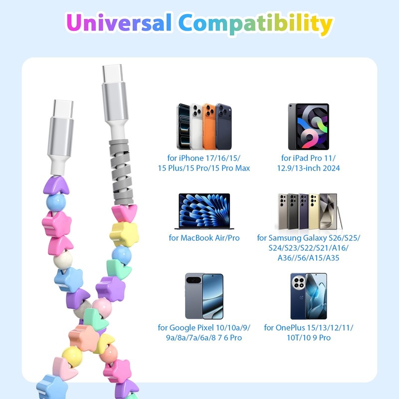 USB to USB Cable Colorful Star Beads Charger Cord 60W for Super Fast Charging... gallery