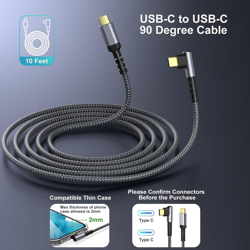 USB C to USB C Cable 10Ft, 2Pack USB C to C 90 Degree Right Angle Long USBC Cabl gallery