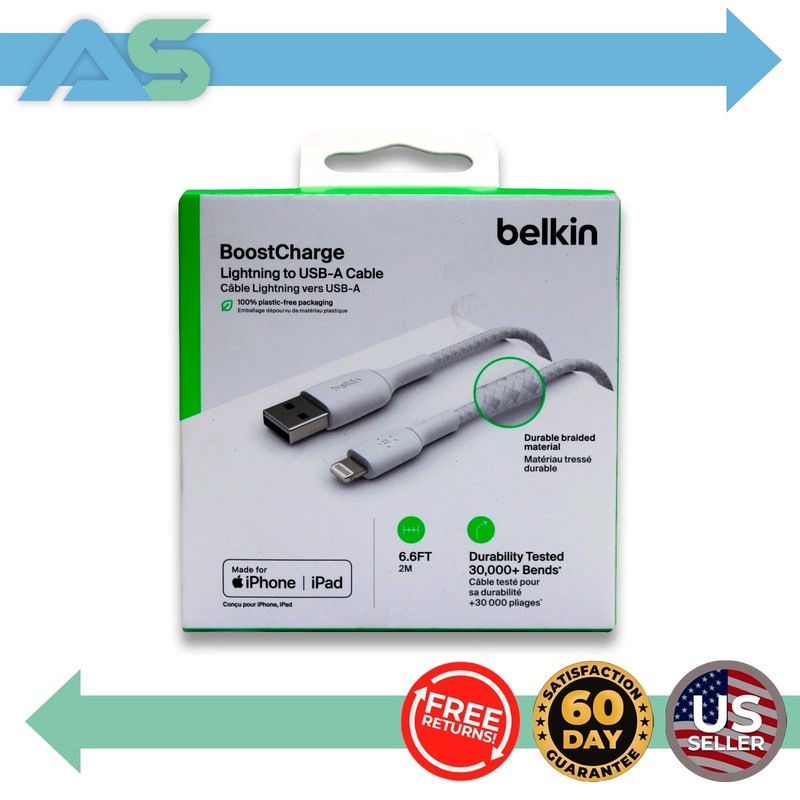 Belkin BoostCharge Braided Lightning Cable 6.6 ft MFi Certified for Apple iPhone