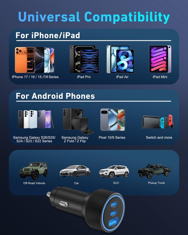 WODENTA for iPhone 17/16/15 Pro Max Car Charger, 67W 3-Port Fast USB C Black gallery