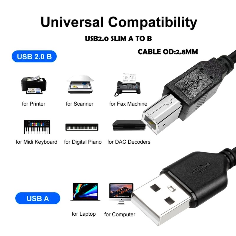25FT Slim OD2.8MM USB A to USB B 2.0 Wire Long Fast Charging Cord for Printer gallery