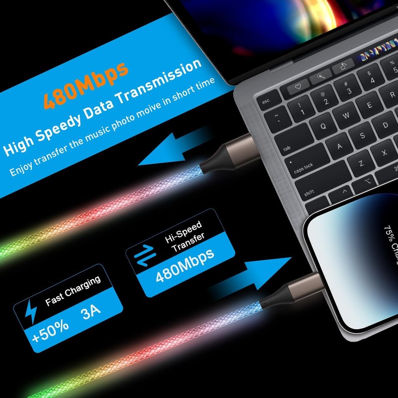 USB Charger Cable 60W RGB Colorful Gradual Light up USB A to Cable for iPhone... gallery