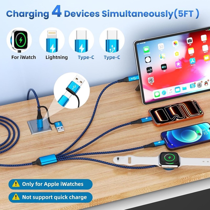 4-in-2 Multi Charging Cable with Dual Type-C Ports - 5FT for iPhones & iWatch gallery